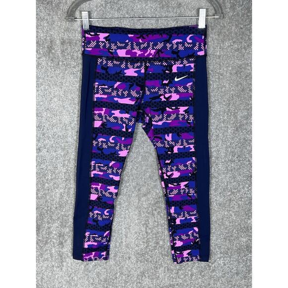 Nike Dri Fit Running Epic Lux Clash Capri Leggings Women Size Medium Purple Camo - Picture 1 of 11